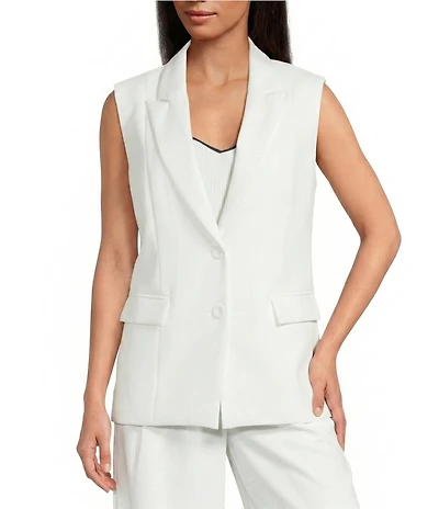 Skies Are Blue Notch Lapel V-Neck Sleeveless Twill Coordinating Vest