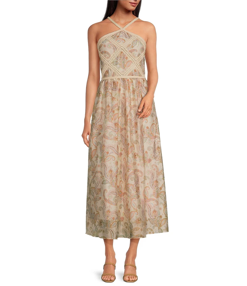 Skies Are Blue Paisley Halter Neck Macrame Embroidered Midi Dress
