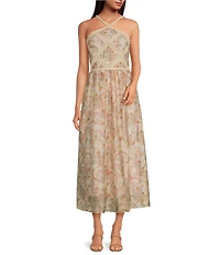 Skies Are Blue Paisley Halter Neck Macrame Embroidered Midi Dress