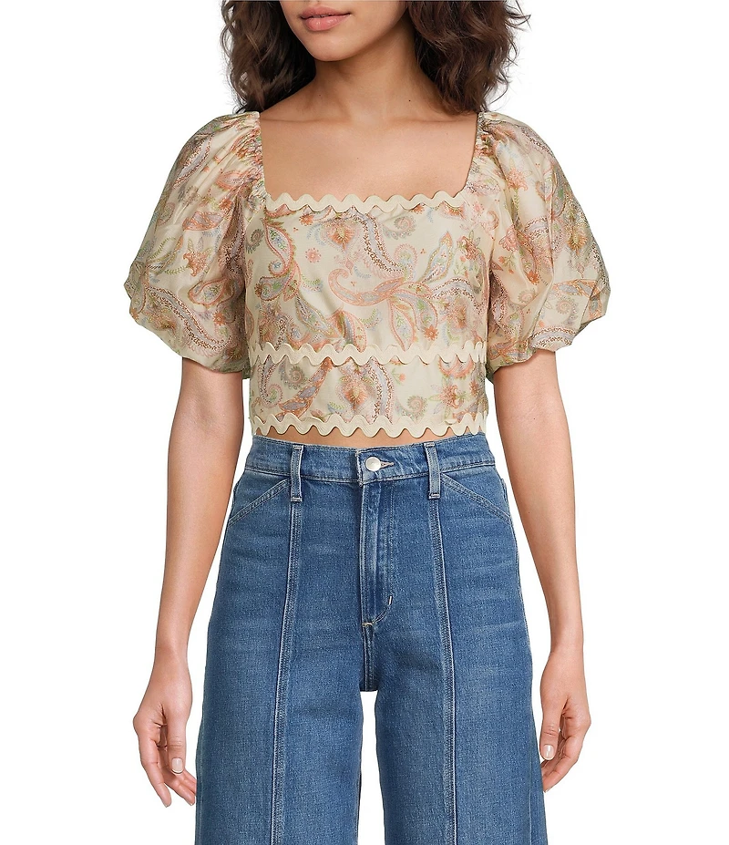 Skies Are Blue Paisley Print Square Neck Short Puff Sleeve Crop Top