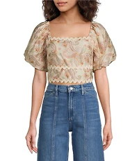 Skies Are Blue Paisley Print Square Neck Short Puff Sleeve Crop Top