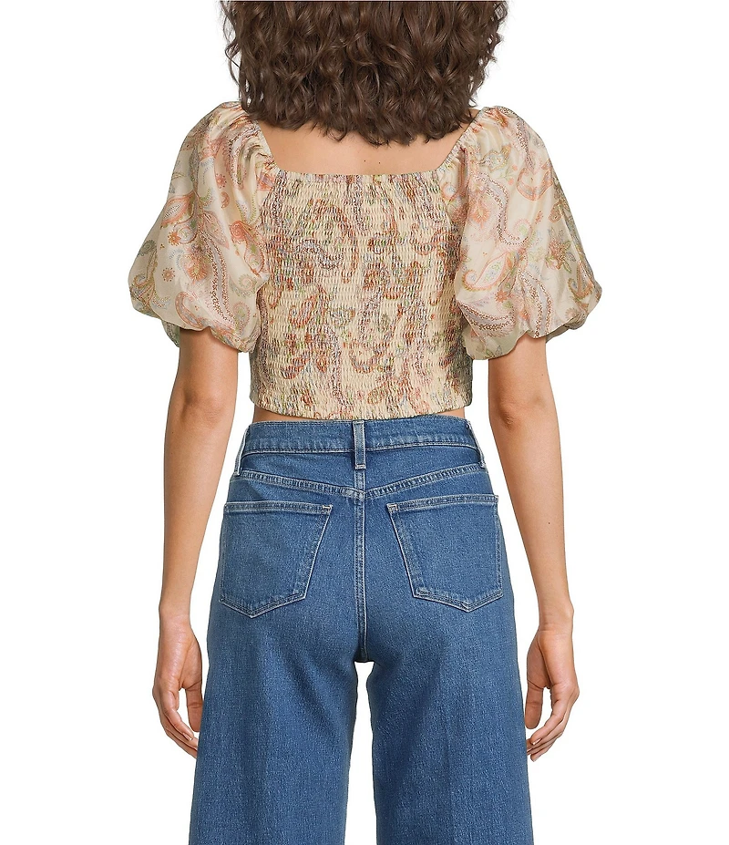Skies Are Blue Paisley Print Square Neck Short Puff Sleeve Crop Top