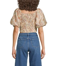Skies Are Blue Paisley Print Square Neck Short Puff Sleeve Crop Top