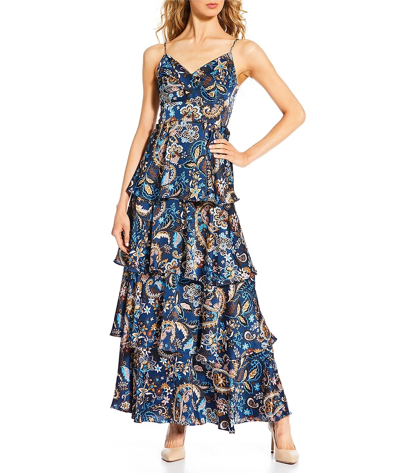 Skies Are Blue Paisley Print V-Neck Spaghetti Strapped Tiered Maxi Dress