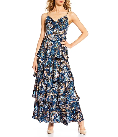 Skies Are Blue Paisley Print V-Neck Spaghetti Strapped Tiered Maxi Dress