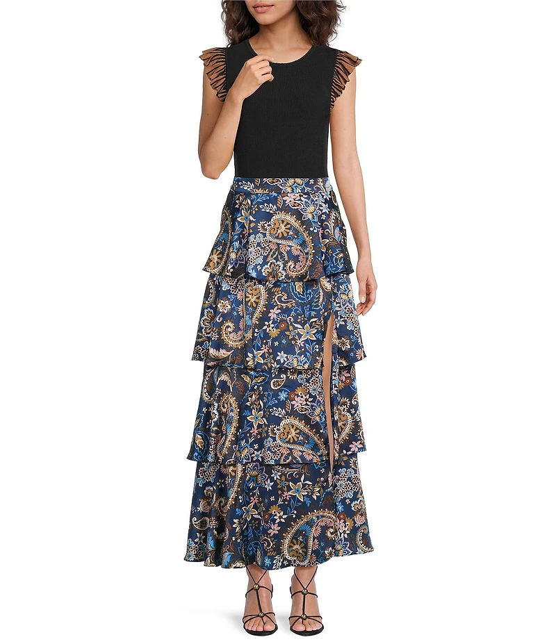 Skies Are Blue Paisley Printed Tiered Maxi Skirt