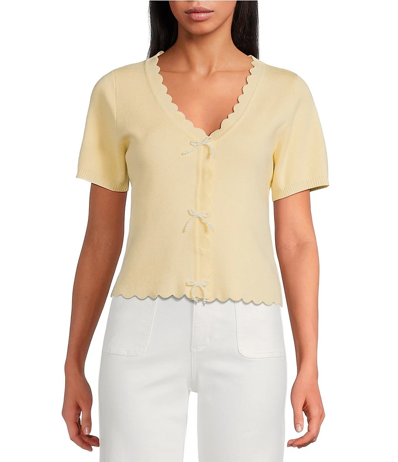 Skies Are Blue Pearl Bow V-Neck Short Sleeve Sweater Cardigan