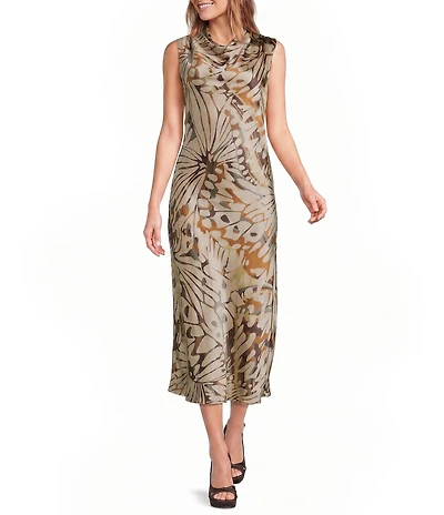 Skies Are Blue Petite Size Butterfly Printed Cowl Neck Sleeveless Maxi Dress