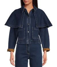 Skies Are Blue Petite Size Cape Collared Long Sleeve Denim Jacket