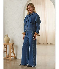 Skies Are Blue Petite Size Cape Collared Long Sleeve Denim Jacket