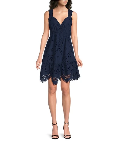 Skies Are Blue Petite Size Eyelet Embroidered V-Neck Sleeveless Scalloped Hem A-Line Mini Dress