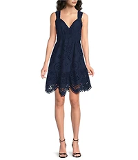 Skies Are Blue Petite Size Eyelet Embroidered V-Neck Sleeveless Scalloped Hem A-Line Mini Dress