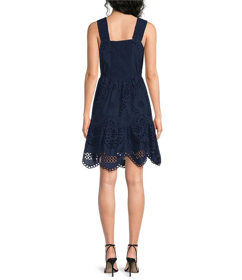 Skies Are Blue Petite Size Eyelet Embroidered V-Neck Sleeveless Scalloped Hem A-Line Mini Dress
