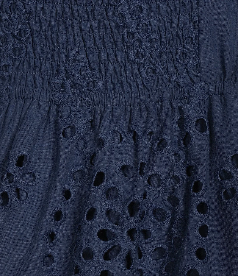 Skies Are Blue Petite Size Eyelet Embroidered V-Neck Sleeveless Scalloped Hem A-Line Mini Dress