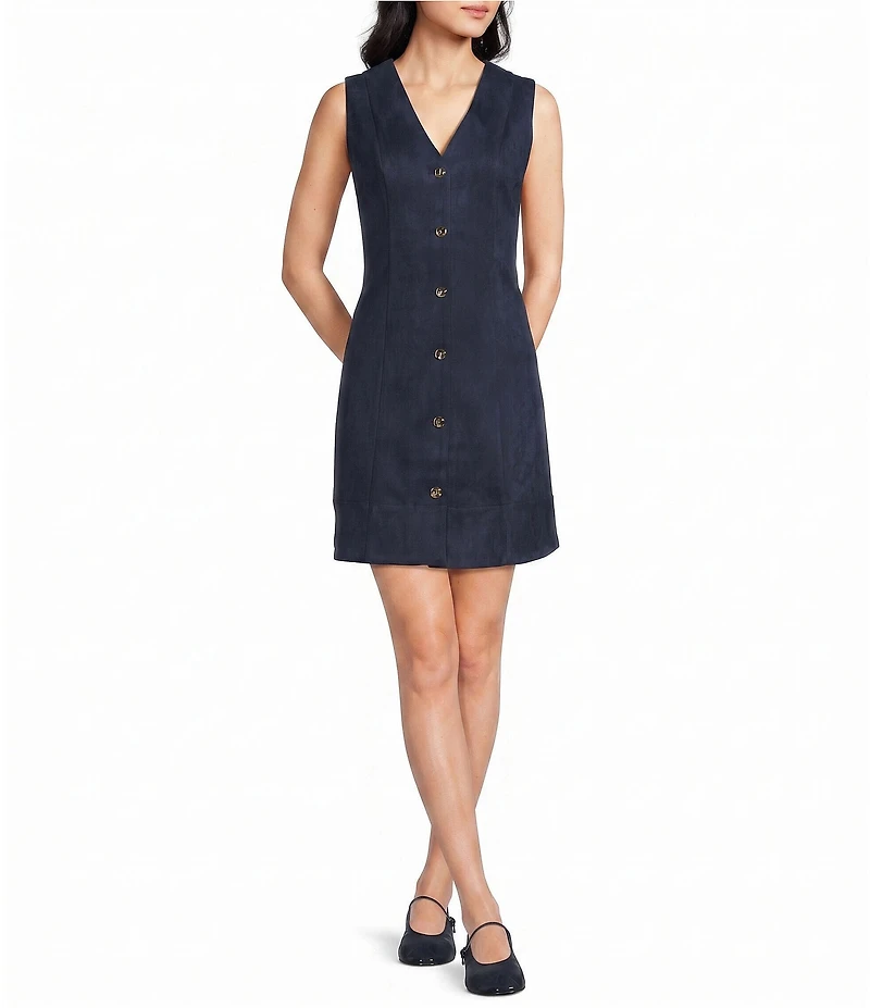 Skies Are Blue Petite Size Faux Suede V-Neck Sleeveless Button Front A-Line Mini Dress