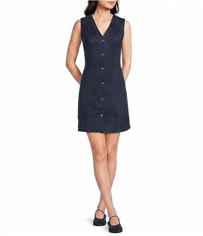 Skies Are Blue Petite Size Faux Suede V-Neck Sleeveless Button Front A-Line Mini Dress