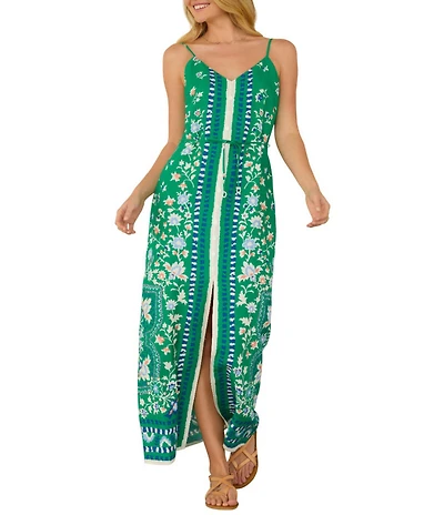 Skies Are Blue Petite Size Floral Border Print Button Front V-Neck Sleeveless Maxi Dress