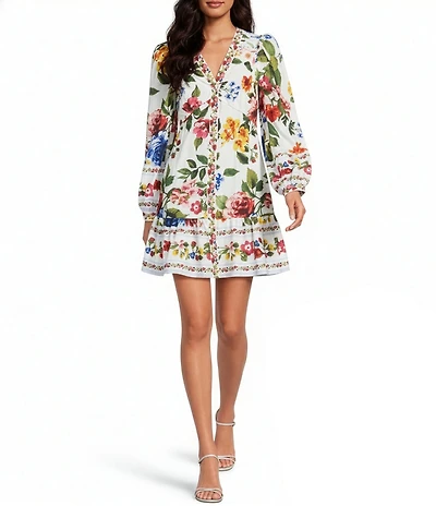 Skies Are Blue Petite Size Floral Border Printed V-Neck Long Sleeve A-Line Poplin Mini Dress