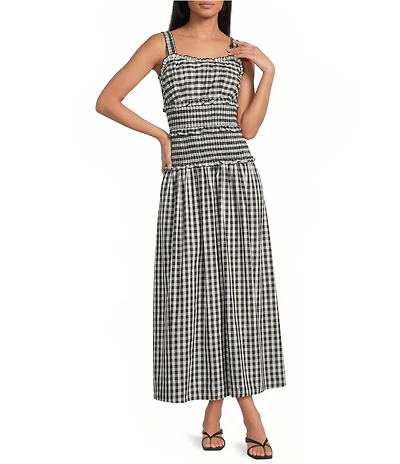 Skies Are Blue Petite Size Gingham Print Square Neck Sleeveless Smocked Maxi Dress