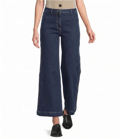 Skies Are Blue Petite Size High Rise Wide Leg Scallop Trim Denim Pants