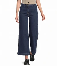 Skies Are Blue Petite Size High Rise Wide Leg Scallop Trim Denim Pants