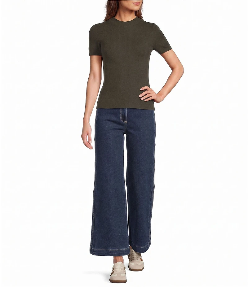 Skies Are Blue Petite Size High Rise Wide Leg Scallop Trim Denim Pants