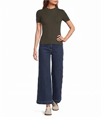 Skies Are Blue Petite Size High Rise Wide Leg Scallop Trim Denim Pants