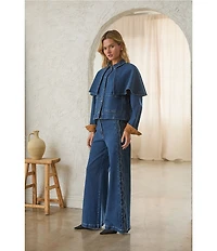 Skies Are Blue Petite Size High Rise Wide Leg Scallop Trim Denim Pants