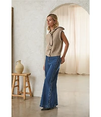 Skies Are Blue Petite Size High Rise Wide Leg Scallop Trim Denim Pants