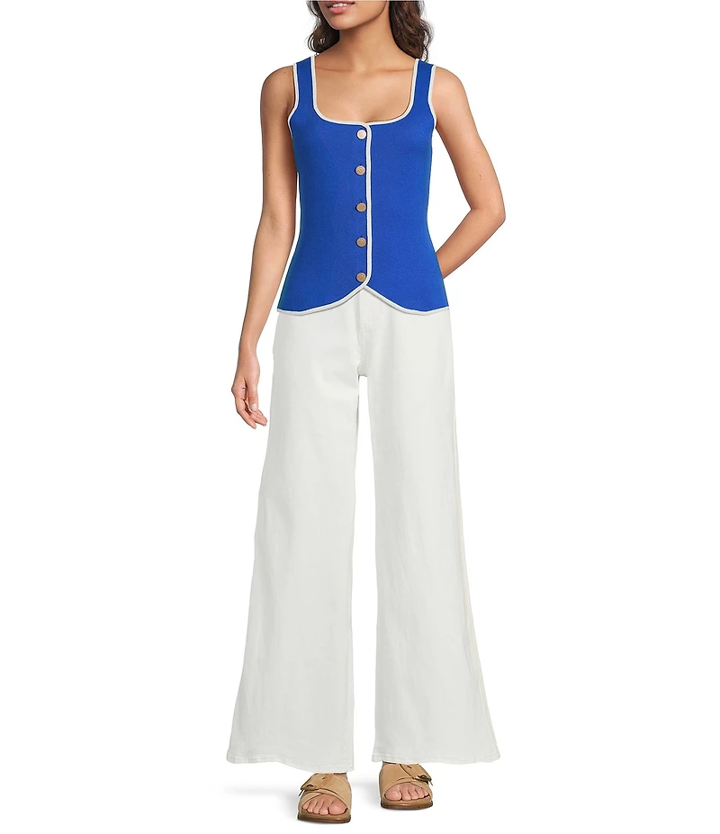 Skies Are Blue Petite Size High Rise Wide Leg Side Tape Twill Pants
