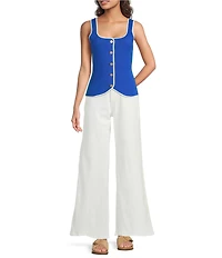 Skies Are Blue Petite Size High Rise Wide Leg Side Tape Twill Pants