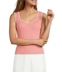 Skies Are Blue Petite Size Knit V-Neck Sleeveless Contrast Trim Tank