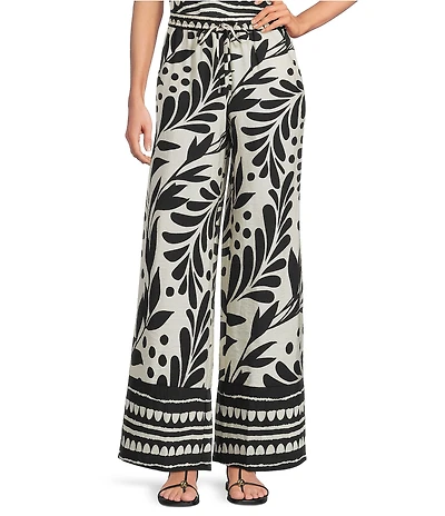 Skies Are Blue Petite Size Leaf Printed High-Rise Wide Leg Coordinating Pants
