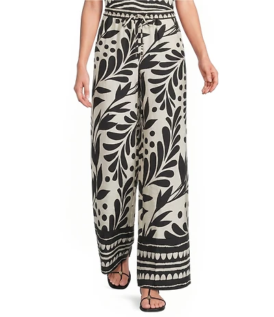 Skies Are Blue Petite Size Leaf Printed High-Rise Wide Leg Coordinating Pants