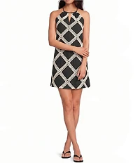 Skies Are Blue Petite Size Mecrame Diamond Embroidery Halter Neck Sleeveless Mini Shift Dress