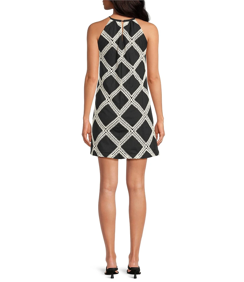 Skies Are Blue Petite Size Mecrame Diamond Embroidery Halter Neck Sleeveless Mini Shift Dress
