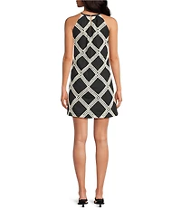 Skies Are Blue Petite Size Mecrame Diamond Embroidery Halter Neck Sleeveless Mini Shift Dress