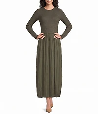 Skies Are Blue Petite Size Mixed Media Round Neck Long Sleeve Midi Dress