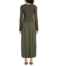 Skies Are Blue Petite Size Mixed Media Round Neck Long Sleeve Midi Dress