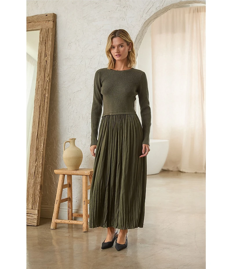 Skies Are Blue Petite Size Mixed Media Round Neck Long Sleeve Midi Dress