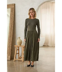 Skies Are Blue Petite Size Mixed Media Round Neck Long Sleeve Midi Dress