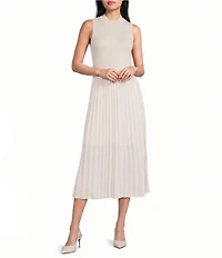 Skies Are Blue Petite Size Mock Neck Sleeveless Pleated Contrast Skirt Midi Dress