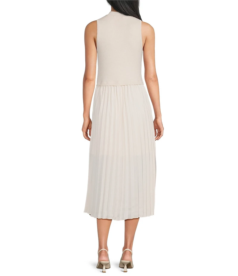 Skies Are Blue Petite Size Mock Neck Sleeveless Pleated Contrast Skirt Midi Dress