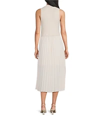 Skies Are Blue Petite Size Mock Neck Sleeveless Pleated Contrast Skirt Midi Dress