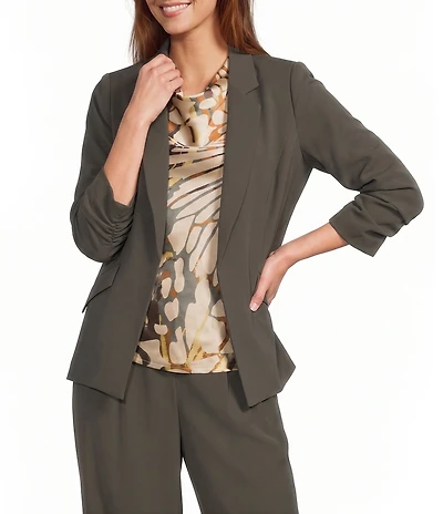 Skies Are Blue Petite Size Notch Lapel Shirred 3/4 Sleeve Open Front Statement Blazer