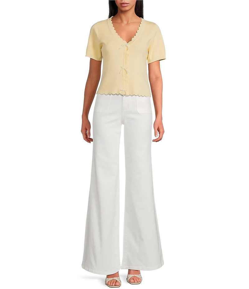 Skies Are Blue Petite Size Pearl Bow V-Neck Short Sleeve Sweater Cardigan