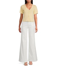 Skies Are Blue Petite Size Pearl Bow V-Neck Short Sleeve Sweater Cardigan