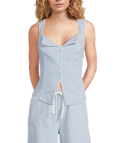 Skies Are Blue Petite Size Pinstripe Sweetheart Neck Sleeveless Washed Denim Coordinating Vest Top