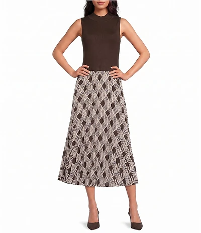 Skies Are Blue Petite Size Plaid Mixed Media High Neck Sleeveless Midi Dress