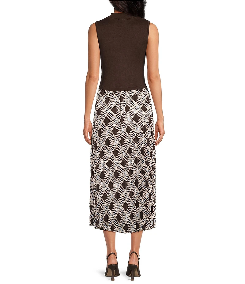 Skies Are Blue Petite Size Plaid Mixed Media High Neck Sleeveless Midi Dress